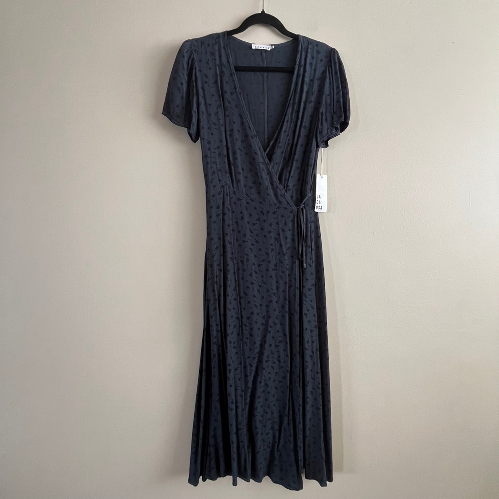 LACAUSA Tallulah Wrap Dress Dark Floral Flutter Sleeve Midi XS Whimsygoth 90s